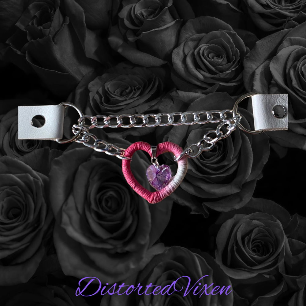 Pink & White Heart Choker Wrapped Fiber Heart with Crystal Charm - Picture 7 of 9